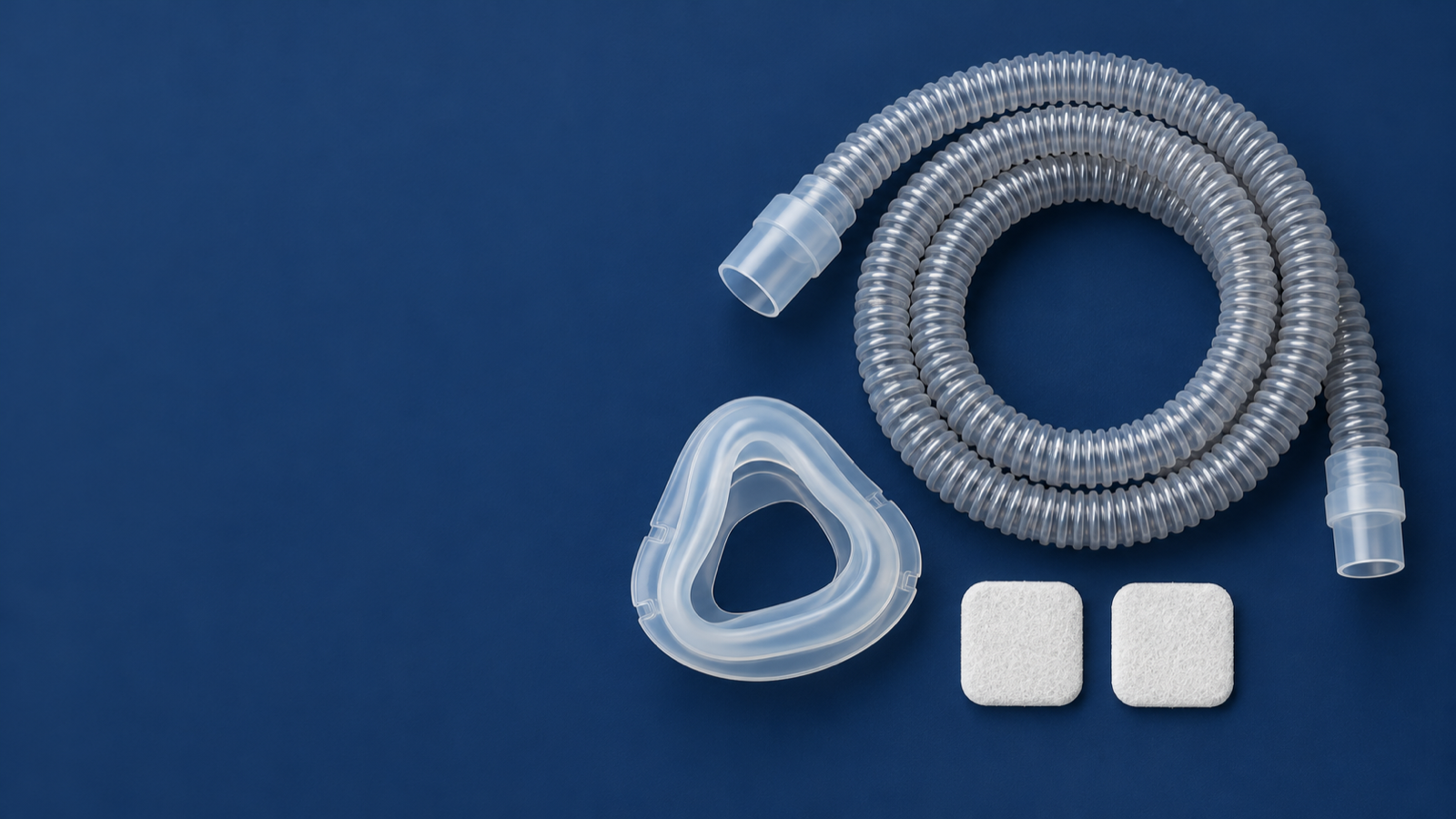 CPAP accessories flat lay with tubing, filters and humidifier water tub